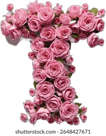 Uma imagem estilizada mostra a letra maiúscula "t" formada por um denso aglomerado de rosas rosa-claras, com pequenos botões de rosas espalhados ao redor das bordas, criando um design romântico e floral.