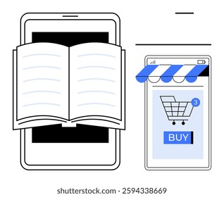 A stylized image of a smartphone displaying an open book, accompanied by a mobile shopping interface with a cart icon and a buy button. Ideal for online shopping, e-books, mobile commerce, digital