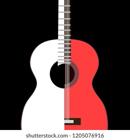 Stylized image of Spanish guitar isolated on black background in vector.