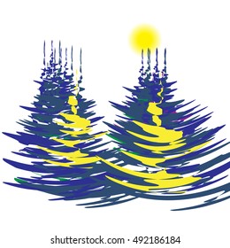 The stylized image of spruce forest on a winter day. Bright sun. Vector illustration