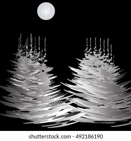 The stylized image of spruce trees in winter. Night moonlight. Vector illustration