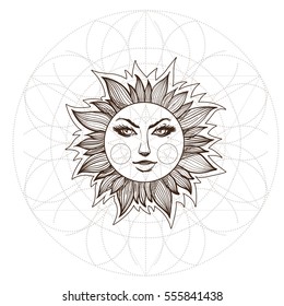The stylized image of the sun with a face. Design for t-shirts, gifts, promotional leaflets and feature articles about space.