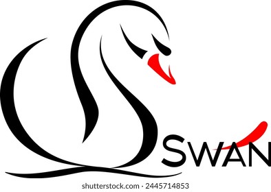 Imagen estilizada de un cisne con un pico rojo en una onda, dibujo en blanco y negro, Vector