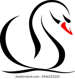 stylized image of a swan with a red beak on a wave, black and white drawing, vector