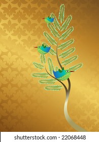 stylized image: three birds in a tree against a gold patterned background