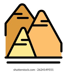 Stylized image of three pyramids in the desert, with a sand dune in the foreground