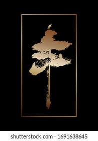 Stylized image of a tree, pine, cedar in the style of Eastern brush painting. Golden silhouette of a tree on a black background.