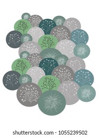 Stylized image of trees and shrubs in the winter forest. Gray, white, and various shades of green circles