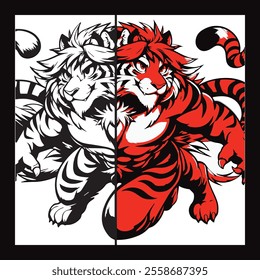 A stylized image of two tigers, one white and one red, facing opposite directions. They appear to be merged or connected, creating a striking visual contrast.