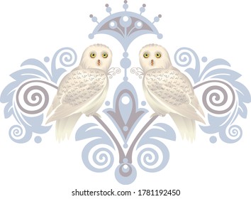 The stylized image of two white owls. Ornament. Design element. Vector graphics