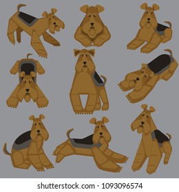 Stylized image vector illustration of airedale terrier dogs set against a gray background. Character set.