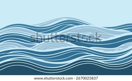 is a stylized image of water waves consisting of several smooth, wavy lines of different blue shades that overlap to create the effect of depth and movement.