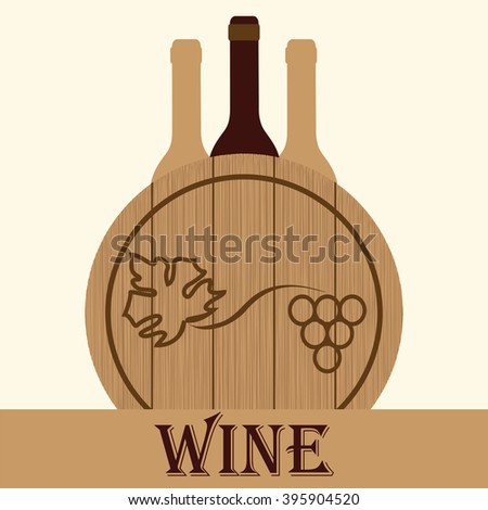 Stylized image of wine bottles and barrel on light beige background with sign. Logo of wine