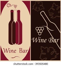 Stylized image of wine bottles on burgundy and black backgrounds with lettering and grapes. Design wine menu