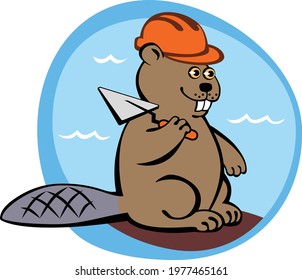stylized image of a worker beaver in a helmet on the background of water