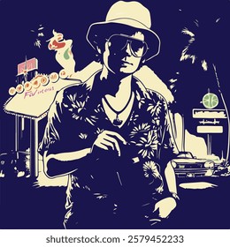 Stylized image of a young man on vacation in an evening resort town. The image is made in retro style.
