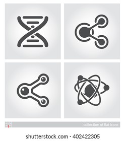 Stylized images of atom and molecules. Set of flat icons. Vector illustration