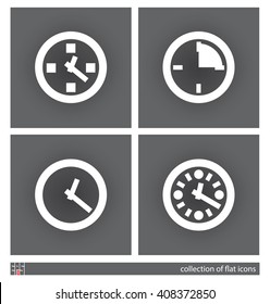Stylized images of clocks. Set of flat icons. Vector illustration