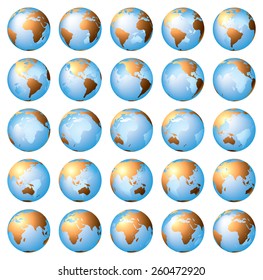 Stylized images of different rotation phases of globe. Vector illustration isolated on white background