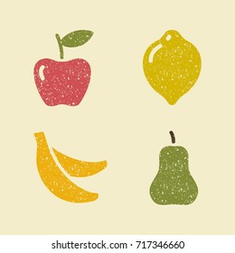 Stylized images of fruits. Apple lemon banana and pear