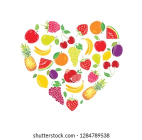Stylized images of fruits in the shape of a heart.  Vector illustration. Hand drawn.