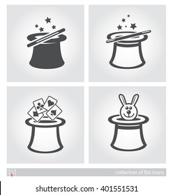 Stylized images of magician's hat. Set of flat icons. Vector illustration