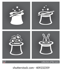 Stylized images of magician's hat. Set of flat icons. Vector illustration