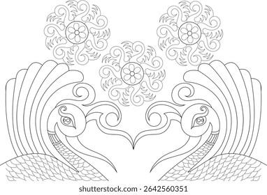 Stylized Indian Peacock and Floral Pattern Outline, A black and white line art illustration featuring a traditional stylized Indian pattern with two facing peacocks and ornate floral and swirl