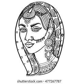 Stylized Indian woman, isolated on white background. Hand drawn sketch for adult anti stress coloring page, T-shirt emblem, logo, tattoo with doodle, zentangle, floral design elements.