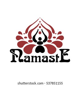 Stylized Indian womans hand greeting posture of namaste inside of lotus flower. NAMASTE font