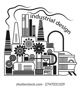 Stylized industrial complex with various mechanisms and equipment. Monochrome icon, logo. Vector illustration