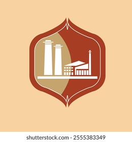 a stylized industrial factory with smokestacks and a building, enclosed within a vintage shield-like frame. The colors are earthy tones of beige and brown.