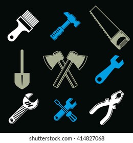 Stylized industrial icons, 3d vector work tools collection. Set of repair instruments, manufacturing and construction tools.