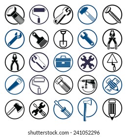 Stylized industrial icons, 3d work tools collection. Set of repair instruments, manufacturing and construction utensil.
