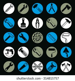 Stylized industrial icons, 3d work tools collection. Set of vector repair instruments, manufacturing and construction utensil.