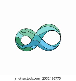 Un símbolo estilizado del infinito compuesto por ondas azules y verdes que fluyen, que simbolizan el ciclo interminable de la naturaleza y la vida. Este diseño es perfecto para representar la sostenibilidad, el crecimiento.