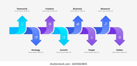 Stylized infographic design illustrating business concepts, including strategy, growth, and teamwork using arrows and icon representations. Ideal for presentations and explaining planning