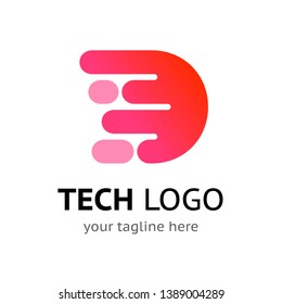 Stylized initial letter D - digital logo template with sample company name and tagline. Simple vector icon design. Neural network tech, blockchain or artificial intelligence technology symbol