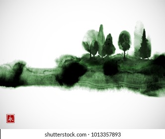 Stylized ink wash painting with green misty forest trees. Traditional oriental ink painting sumi-e, u-sin, go-hua. Hieroglyph - eternity.