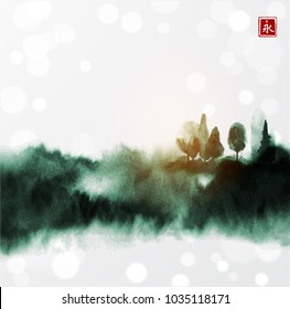 Stylized ink wash painting with green misty forest trees on white glowing background. Traditional oriental ink painting sumi-e, u-sin, go-hua. Hieroglyph - eternity.