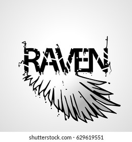 Stylized inscription of crows, crow's wing, gray background