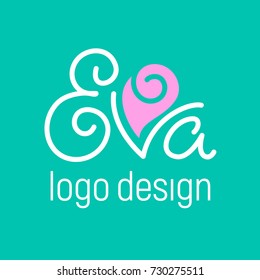 Stylized inscription Eva with a flower. Logo design. Vector illustration. 