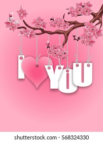 Stylized inscription I love you. A branch of cherry blossoms. Red heart on a pink background. Postcard in honor of St. Valentina`s Day. Vector illustration