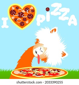 Stylized inscription, the text"I love pizza".A hungry llama, an alpaca sticks out its tongue.Pizza in the shape of a heart.Ingredients:sausage, onion, cheese, tomatoes.Junk food, fast food, restaurant