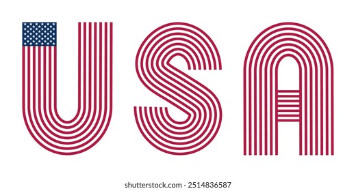 Inscripción estilizada USA en los colores de la bandera americana, aislada sobre un fondo transparente. El concepto de patriotismo, orgullo nacional y celebración de los Estados Unidos. Ilustración vectorial