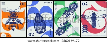 Stylized insect posters featuring bees, beetles, and wasps with bold typography and vector graphics. Perfect for modern art prints, editorial, branding, and scientific visuals.