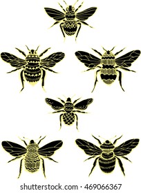 Stylized insects. Collection of flies. Line art. Black and white drawing by hand. Seth ornamental insects. Wasp. Bumblebee. Hornet. Doodle. Tattoo.