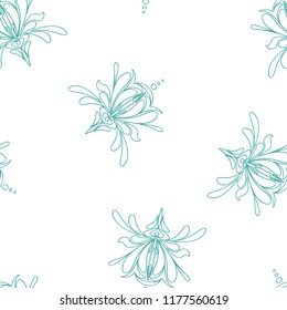 Stylized iris flower. Linear vector  seamless pattern.