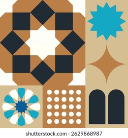 Stylized Islamic symbols including arches, geometric stars and motifs in vector form. Modern design.