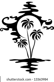 Stylized island with plumes and the sea around against the background of the sun in black color, isolated object on a white background, vector illustration, EPS